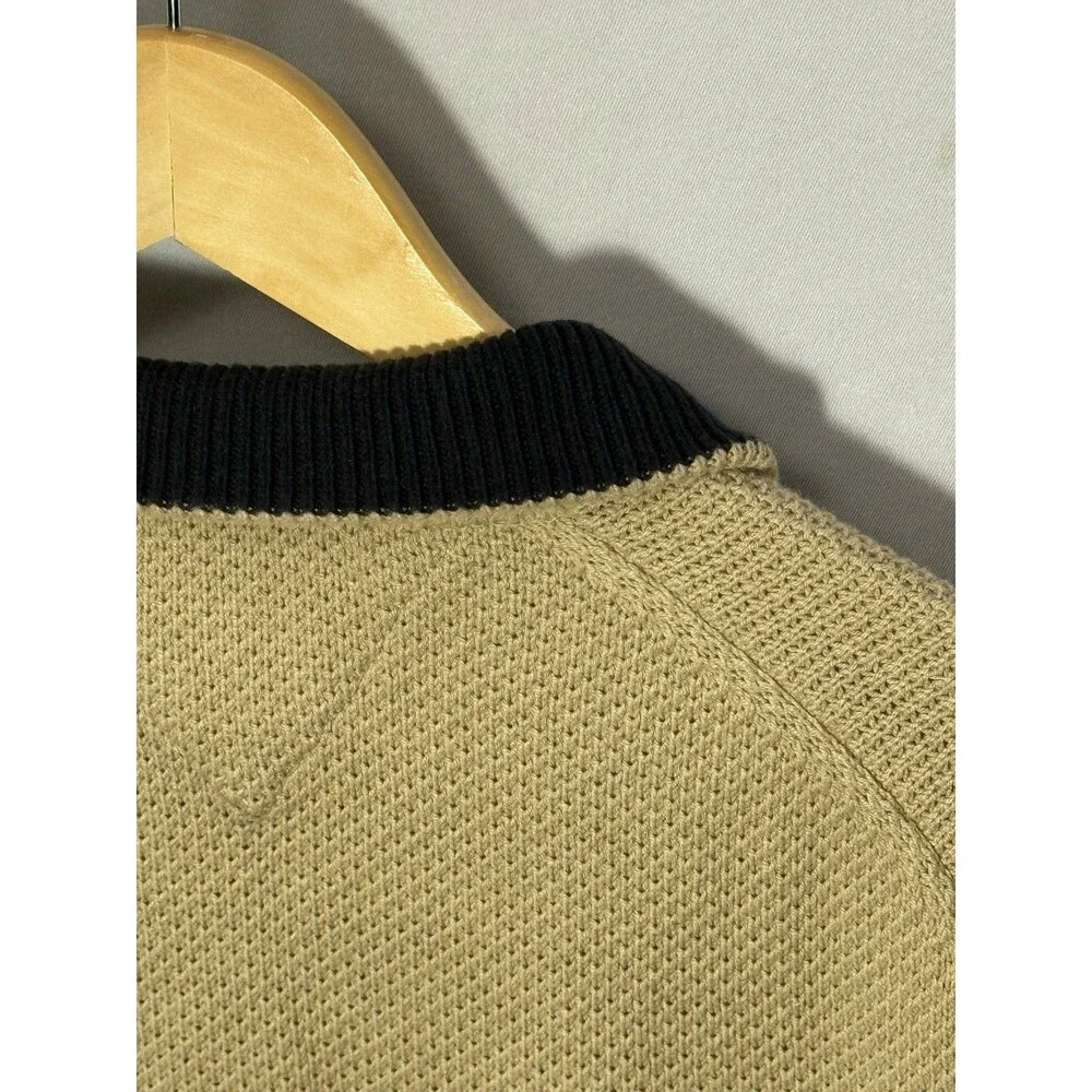 Tommy Hilfiger Quarter Zip Sweater Mens L Beige Tan Navy Collar Flag Logo Knit